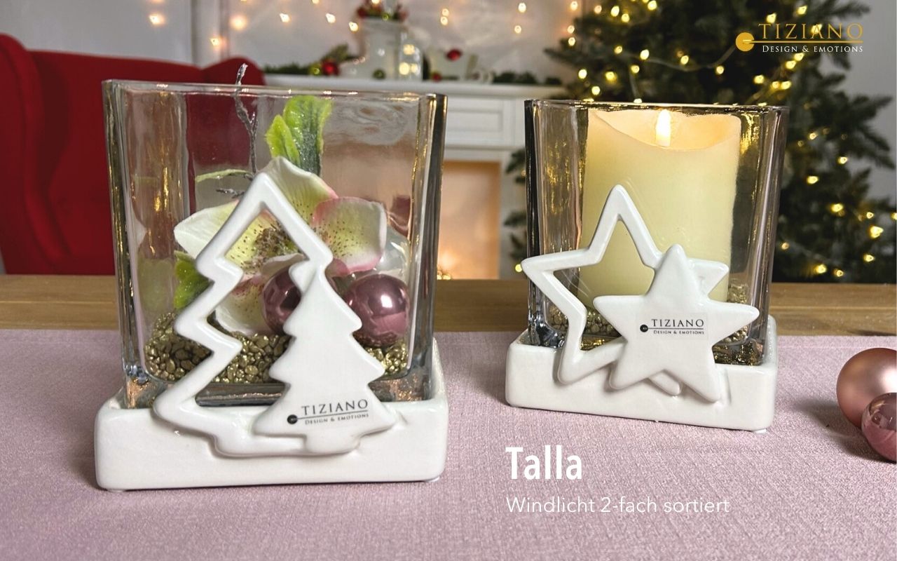 Tiziano Windlicht Talla mit Baum/Stern creme & Glas Alone eckig klar